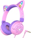 Auscultadores iClever Kids Ouvido de gato, LED Light Up, 85dBA Volume seguro, Auscultadores Stereo Som Toddler para Escola de Viagens, Dobrável 3.5mm Auscultadores para crianças com fio para iPad Tablets, Meow Lollipop - Pink