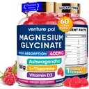 60 dias de fornecimento de magnésio Glicerinato 400mg Gummies com Ashwagandha, L-Theanina, CoQ10, Vitamina D3 & B6, Pastilhas de magnésio livre de açúcar para adultos e crianças, alívio de estresse, sono & calma, Vegan, Glúten livre