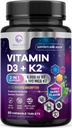 Vitamina D3 K2 - 5000 iu Vitamina D3 & 100 mcg Vitamina K2 (MK-7) Complexo para Apoio Imune - Apoio à Saúde Óssea, Dentes e Músculo - Berry Chewable, Gluten Free, Non-GMO, Engarrafado nos EUA - 60 Comprimidos