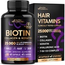 NUTRAHARMONY Biotina . Colágeno . Ácido hialurônico . Queratina - Suporte Ciclo de crescimento normal do cabelo - Pele e unhas - 25000mcg Vitaminas B1, B2, B3, B6 & B7 - para mulheres e homens - Made in USA .