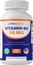 Vitamina Vitamática B6 (Piridoxina HCI), 50 mg 250 Comprimidos Vegetarianos - Promove a produção de energia, aumenta o metabolismo e o apoio à saúde imune