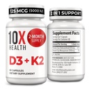 10X Saúde Vitamina D3 5000 UI & K2 MK7 - Menaquinona 7, alta potência D3 K2 Suplemento Vitamina para a saúde óssea, coração e dentes - 125 mcg Vitamina D & 90 mcg Vitamina K2-60 Cápsulas