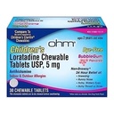 Ohm Loratadine infantil mastigável, sem tintura, Bubblegum, Não-drowsy 24h Alívio de espirros, Nariz runny, Olhos aguados, Garganta ou nariz com comichão, Anti-histamínico, Alergias internas e ao ar livre, 5mg, 30 Comprimidos