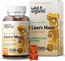 Wild & Organic Lions Mane Mushroom Gummies 1000mg - Natural Leon's Mane Mushroom Supplement Gummies - 60 Mastigações para foco e suporte de energia do cérebro - Vegan, Não-GMO