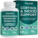 Suplemento de Cortisol 5-em-1 para mulheres e homens com Ashwagandha para calma, foco e suplementos de suporte adrenal com extrato de Shilajit, glicinato de magnésio, probióticos (120 ct) (Pacote de 1)