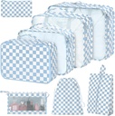 8 Conjunto de cubos de embalagem para Malas, Cubes de embalagem com saco de sapatos, saco de cosméticos, saco de vestuário, Acessórios sacos de embalagem para viagem Bagagem Organizador Mulheres homens (verificado azul)