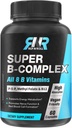 Super B Complexo, 8 vitaminas B bioativas, com folato de metilo, metil B12, P-5-P (Vitamina B6), D-Biotina, Niacinamida, alta absorção, Não OGM, Suporte à produção de energia, 60 tampas Vegan