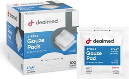 Dealmed 4’’’ x 4’’ 'Sterile Gauze Pads (100 Count) Descartáveis e individualmente embrulhados Medical Gauze Pads, produto de cuidados de feridas para kit de primeiros socorros e instalações médicas (Pacote de 1)