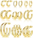 Adoyi 9 pares Brincos de ouro Hoop para as mulheres Twisted Huggie Hoops Brincos 14K 18K ouro banhado para meninas Dia das Mães Dia de Aniversário Presentes leves