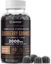Sambucus Black Elderberry Gummies com Zinco e Vitamina C, 140 chicletes, Mastigable Imune Support para adultos e crianças, Não OGM, Kosher, Pectin, Vegan, Delicious Berry Flavor
