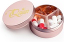 Pequeno caso de comprimido 3 Compartimentos, Metal Round Portable Pill Box, Organizador de pílulas de viagem impermeável, Pocket Purse Medicine Vitamina Holder EDC Container (Rose Gold com Rainha)