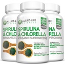 Allied Life Spirulina e chlorela Orgânico Chlorophyll Vegan Protein Powder Green Superfood Cápsulas de suporte imune natural (3 Pacote de garrafa)