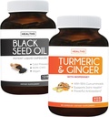 Pacote de Óleo de Sementes de Turmeric & Ginger & Black - Golden Harmony Blend - Turmeric & Ginger com 95% de Curcuminoides e Bioperine (90 Cápsulas) & Black Seed Oil (Non-GMO) 100% óleo de sementes de Cominho prensado a frio