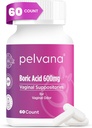 Supositórios de Ácido Bórico de Pelvana para Mulheres 60 Contagem - Para Odor Vaginal & Frescura, Higiene Feminina & Bem-Estar - Laboratório de Terceira Parte Verificado & Engarrafado nos EUA - Solução Odor Saúde Feminina