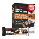 MUSASHI High Protein Bar, 45g Protein, <1g Total de Açúcares, Chocolate Escuro & Caramel Salgado, Pós-treino e Lanche de Proteínas em Go, 12 Pacote de barras de 3,2 oz (90g)
