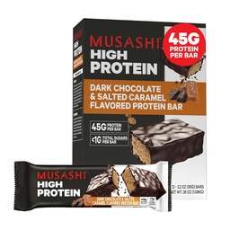 MUSASHI High Protein Bar, 45g Protein, <1g Total de Açúcares, Chocolate Escuro & Caramel Salgado, Pós-treino e Lanche de Proteínas em Go, 12 Pacote de barras de 3,2 oz (90g)