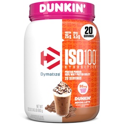 Dymatize x Dunkin' Mocha Latte ISO100 Whey Protein Powder, 95mg Cafeína, 25g de proteína, 5,5g BCAAs, 120 Cal., Gluten Free, 1g Fat, 1g Sugar, 3g Carb (20 Servões)
