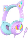 iClever Kids Headphones USB C, LED Light Up, 85dBA Safe Volume, Stereo Sound Toddler Headers para Escola de Viagens, Kids Headphone com cabo para iPad Tablets, Meow Lollipop-Purple