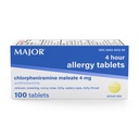 MAJOR 4 Mg Comprimidos de Alergia - Maleato de clorfeniramina 4 horas Medicina de Alergia - Anti-histamínico para alívio de espirros, Comichões Olhos Aguados, Garganta Comichão, e Nariz Runny - 100 contagem (1 embalagem)