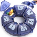 Organizador Redonda de Comprimidos Semanais, TPU Borrachado, Container de Pílulas de viagem 7 dias, com 7 grandes compartimentos, ótimo para vitaminas & suplementos diários, Caso de Pílula bonito com letras grandes e braile (azul)