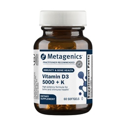 Metagenics Vitamina D3 + K - para a saúde arterial, suporte imunológico, saúde óssea e cardíaca* - Vitamina D com MK-7 (Vitamina K2) - Não-GMO - Sem glúten - 60 Softgels - 5.000 UI
