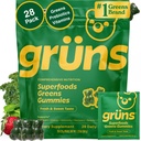 Gruns adultos Super Verdes Gummies Multivitamin, Superalimentos Vitaminas Gummy para mulheres e homens com espirulina, chlorela, adaptogênios e fibras prebióticas para a saúde digestiva (28 Conde)