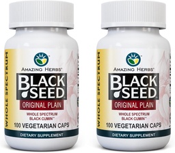 Amazing Herbs Whole Spectrum Black Seed Original Plain, Vegetarian Capsules - Gluten Free, Non GMO, Cold Pressed Nigella Sativa Aids na saúde digestiva - 100 Count, 475mg (2-Pack)