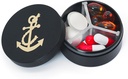 Pequeno caso de comprimido 3 Compartimentos, Metal Round Portable Pill Box, Organizador de pílulas de viagem impermeável, Pocket Purse Medicine Vitamina Holder EDC Container (preto com âncora)
