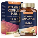 13-em-1 Vitamina B Complexo Plus com vitamina B1, B2, B3 (Niacinamida), B4, B5, B6, B7 (Biotina), B8 (Inositol), B9 (Folato), B12, C, D3, K2 - Energia, Nervo, Imune, Suporte da pele - 120 Cápsulas Vegan