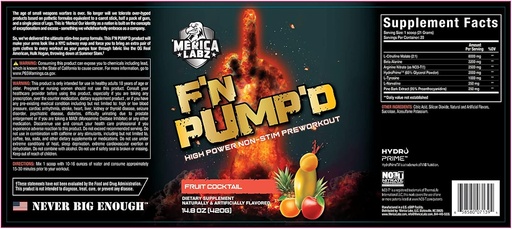 'Merica Labz F'N Pump'D Estimulante Livre, Óxido nítrico, Dose total, Bomba Pré-Trabalho Pó (20 Servões) (Cocktail Fruit)
