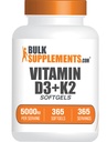 BulkSuplementos.com Vitamina D3 + K2 5000 UI Softgels - D3 K2 Suplemento, para a saúde imunitária - sem glúten, 1 Softgel por serviço, 365 contagem (Pacote de 1)