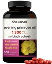 NatureBell Evening Primrose Oil com Black Cohosh, 1.300mg por serviço, 300 Mini-Softgels □ Sementes prensadas frias, contém 130mg GLA para Womens Health & Skin Care Support – Hexane Free, Non-GMO