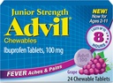 Advil Junior força mastigável Ibuprofeno alívio da dor e redutor de febre, Ibuprofeno infantil para alívio da dor, uva - 24 comprimidos